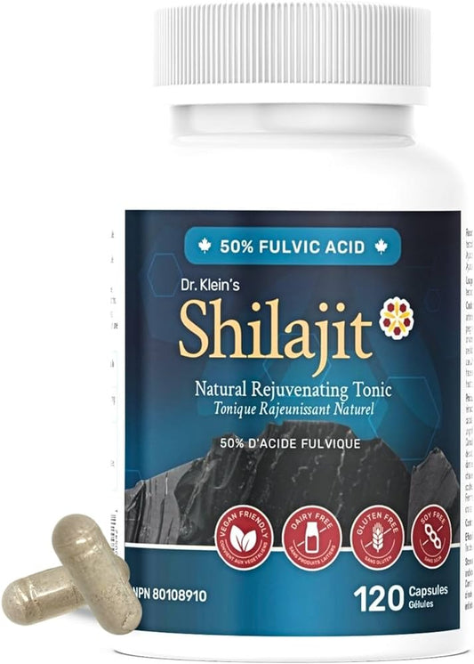 Dr. Klein's Natural Shilajit for Men &amp; Women. 500mg daily dose. 50% Fulvic Acid. Pure Himalayan Shilajit. Ayurvedic Rasayana. Vegan &amp; Gluten Free. Made in Canada. 120 Capsules.